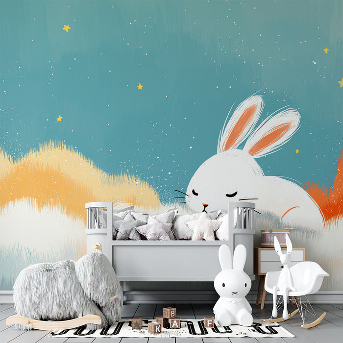 Carta da parati bambini | Coniglio sognante in mezzo alle nuvole