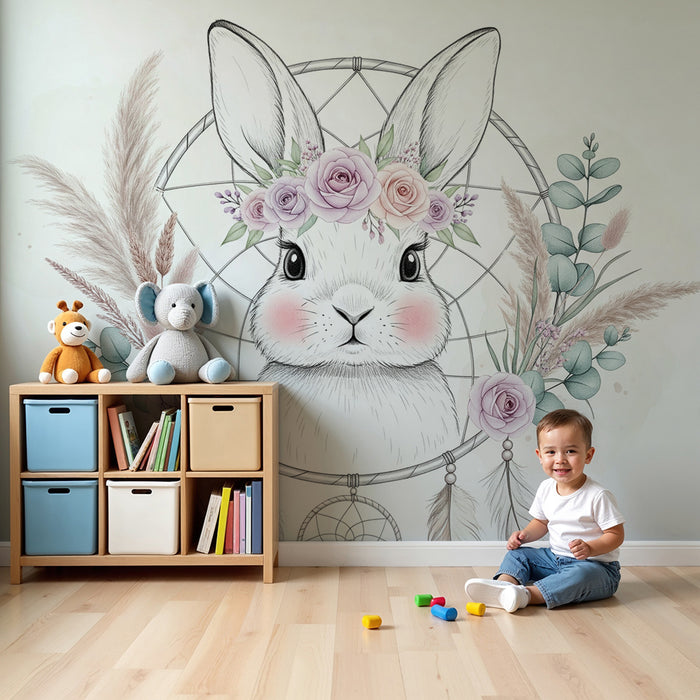 Papier peint chambre bébé | Lapin rêveur avec couronne de fleurs