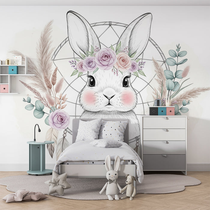 Papier peint chambre bébé | Lapin rêveur avec couronne de fleurs