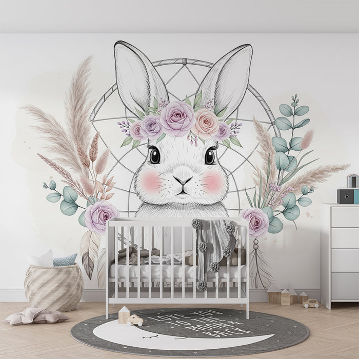 Papier peint chambre bébé | Lapin rêveur avec couronne de fleurs
