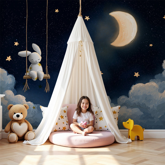 Papier peint chambre bébé | Lapin rêveur dans un ciel étoilé
