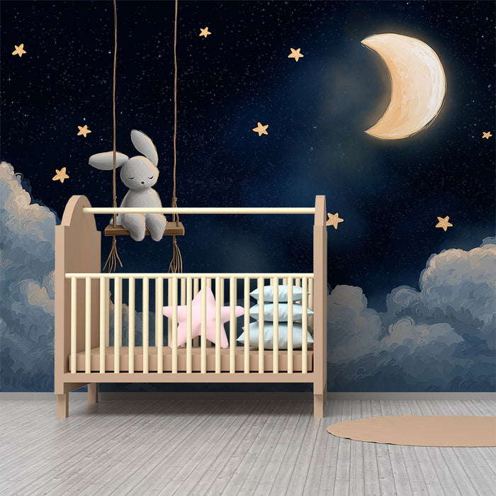 Papier peint chambre bébé | Lapin rêveur dans un ciel étoilé