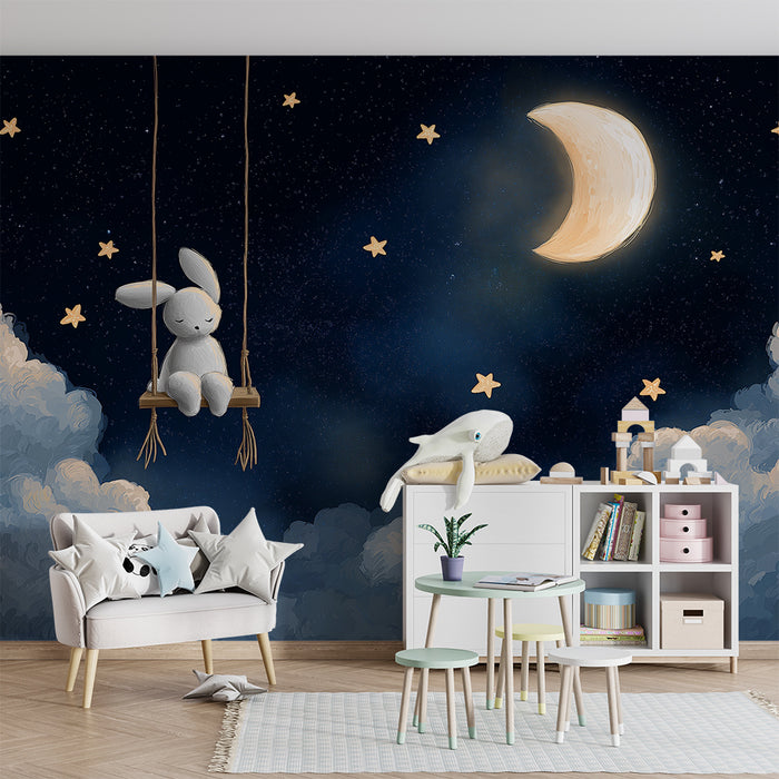 Papier peint chambre bébé | Lapin rêveur dans un ciel étoilé