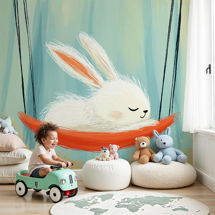 Babykamer behang | Dromende konijn in een hangmat