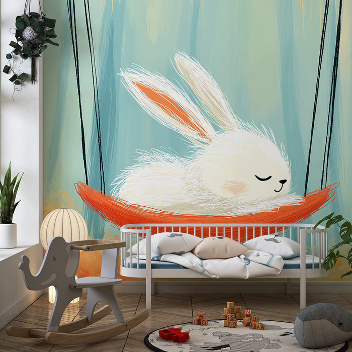 Babykamer behang | Dromende konijn in een hangmat