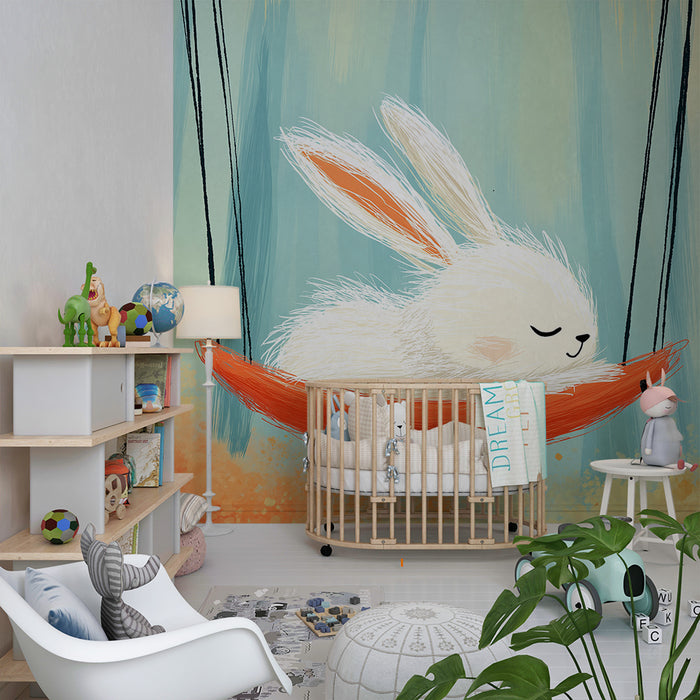 Babykamer behang | Dromende konijn in een hangmat