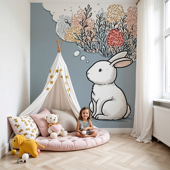 Papier de parede quarto bebê | Sonhador coelho cercado por flores coloridas