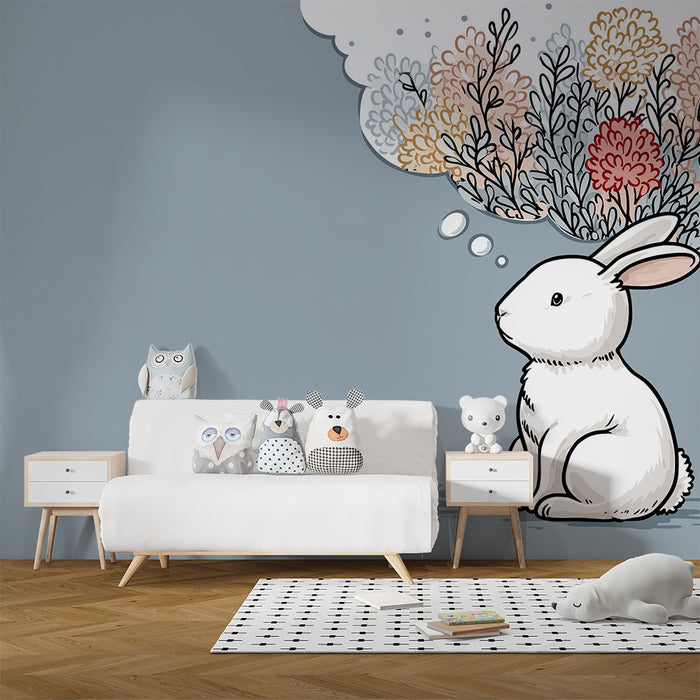 Papier de parede quarto bebê | Sonhador coelho cercado por flores coloridas