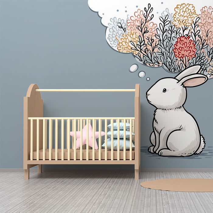Papier de parede quarto bebê | Sonhador coelho cercado por flores coloridas