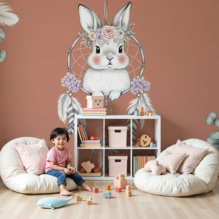 Papier peint chambre bébé | Lapin rêveur et attrape-rêves floral