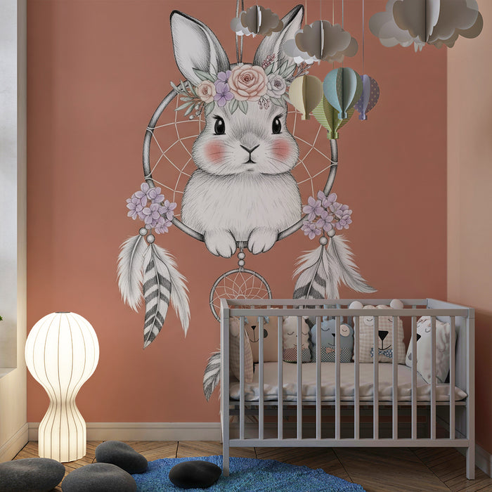 Papier peint chambre bébé | Lapin rêveur et attrape-rêves floral