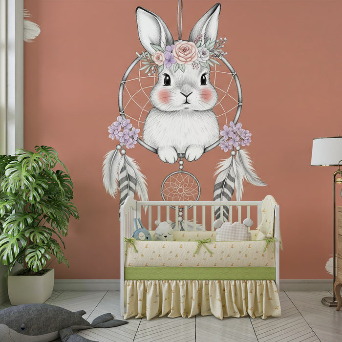 Papier peint chambre bébé | Lapin rêveur et attrape-rêves floral