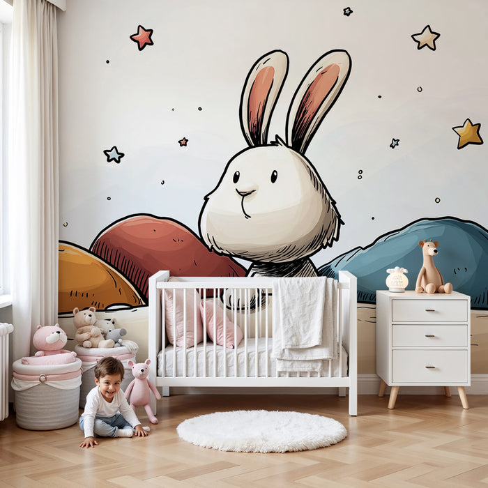 Tapet barnerom | Drømmende kanin og skinnende stjerner