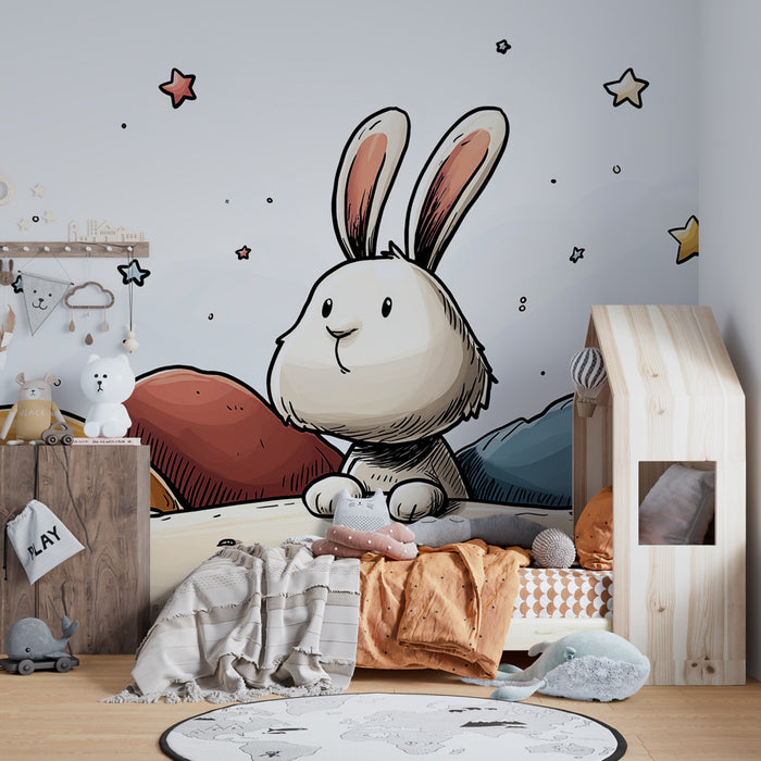 Tapet barnerom | Drømmende kanin og skinnende stjerner