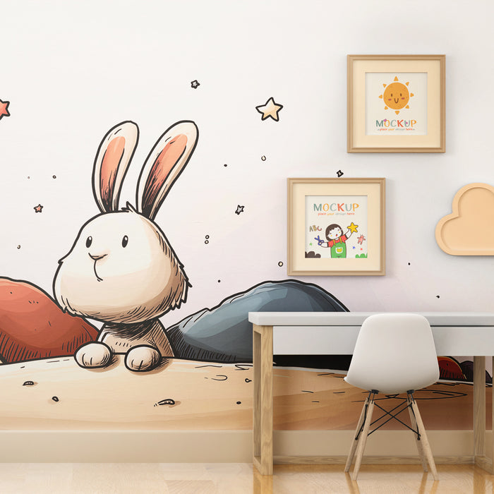 Tapet barnerom | Drømmende kanin og skinnende stjerner
