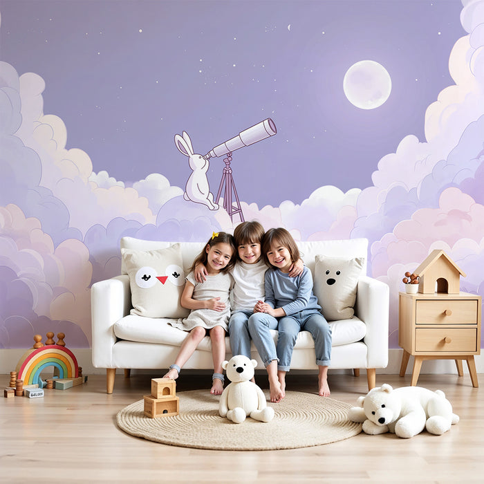 Lastenhuoneen tapetti | Unelmoiva pupu tähystää tähtiä pilvissä