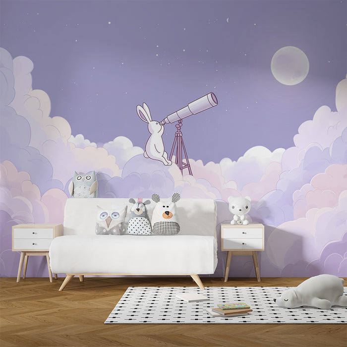 Lastenhuoneen tapetti | Unelmoiva pupu tähystää tähtiä pilvissä