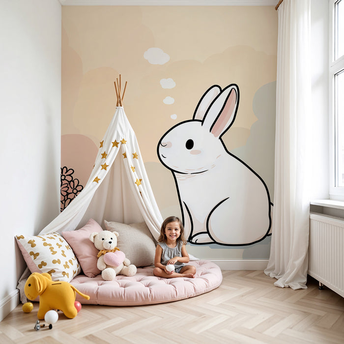 Nursery room wallpaper | Dreamy rabbit among pastel flowers