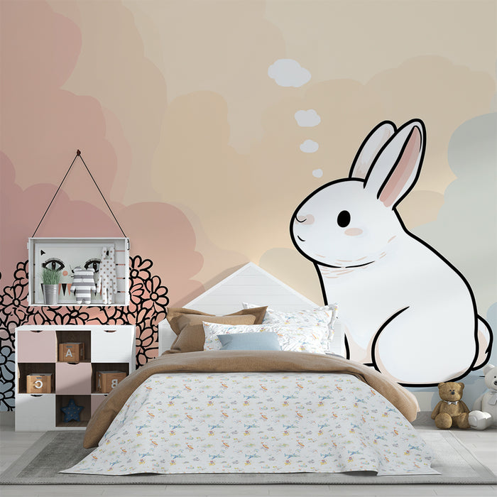 Nursery room wallpaper | Dreamy rabbit among pastel flowers