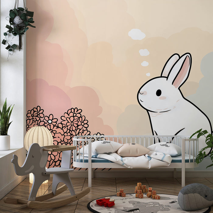 Nursery room wallpaper | Dreamy rabbit among pastel flowers