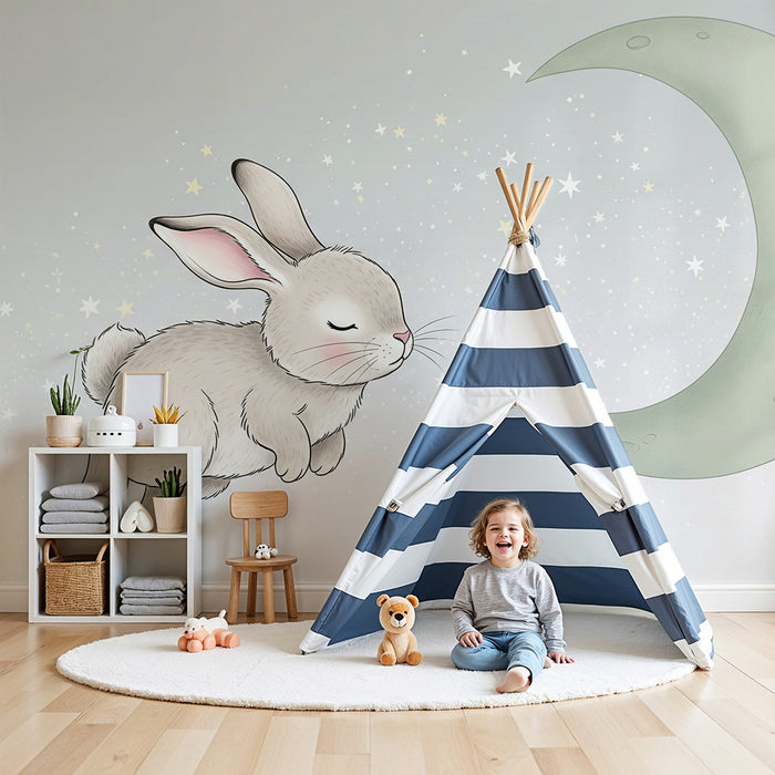 Papel pintado infantil | Conejo soñador bajo la luna