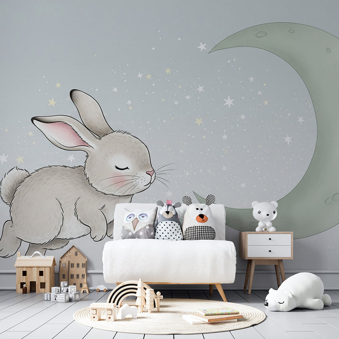 Papel pintado infantil | Conejo soñador bajo la luna