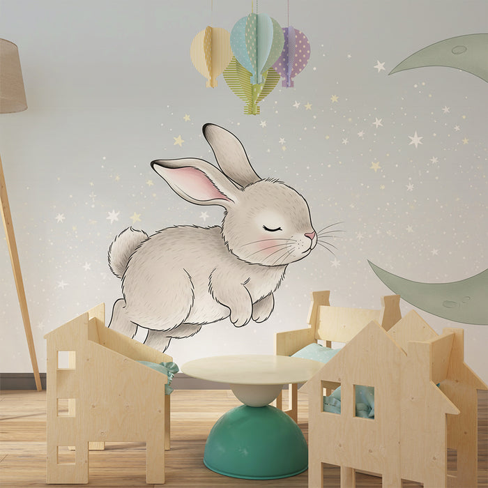 Papel pintado infantil | Conejo soñador bajo la luna