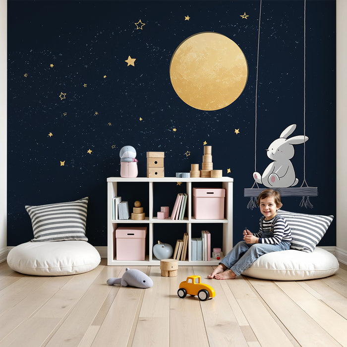 Lastenhuoneen tapetti | Unelmoiva pupu kuun ja tähtien alla