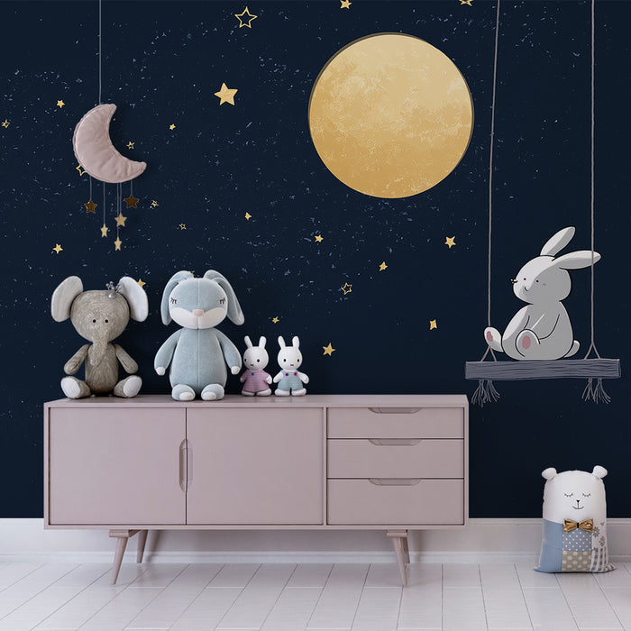 Lastenhuoneen tapetti | Unelmoiva pupu kuun ja tähtien alla