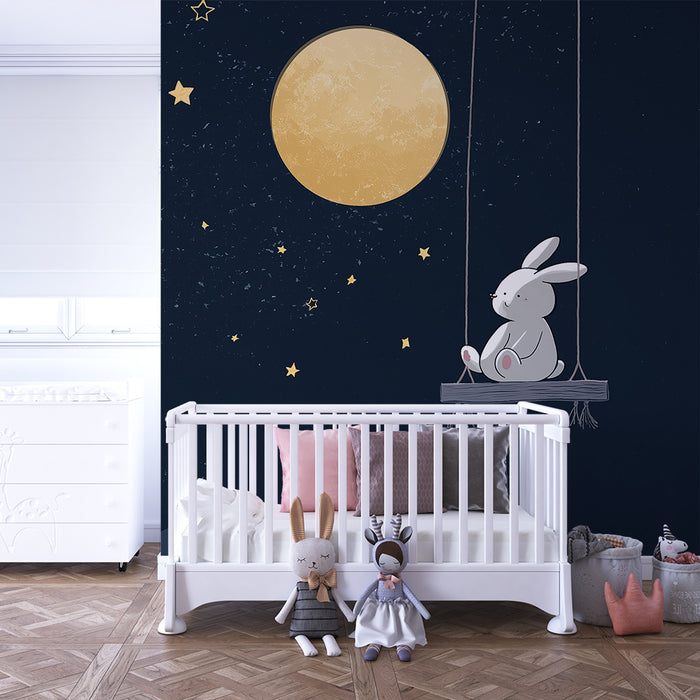 Lastenhuoneen tapetti | Unelmoiva pupu kuun ja tähtien alla