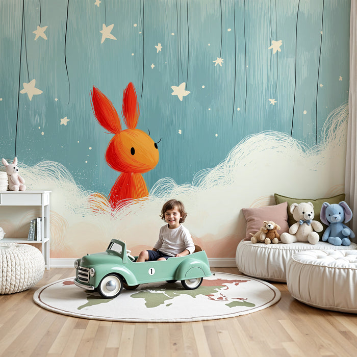 Carta da parati bambini | Coniglio sognante sotto le stelle blu e terracotta