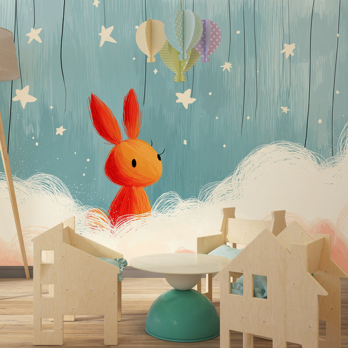Carta da parati bambini | Coniglio sognante sotto le stelle blu e terracotta