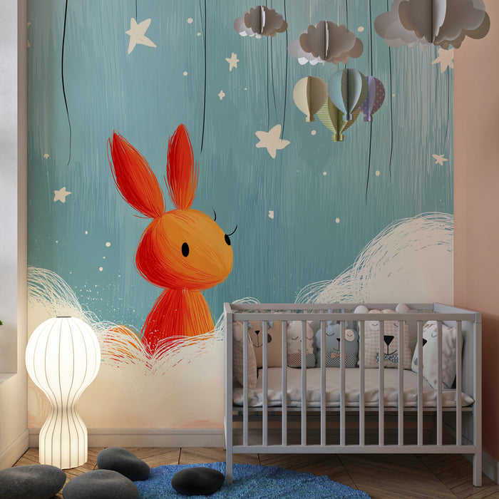 Carta da parati bambini | Coniglio sognante sotto le stelle blu e terracotta