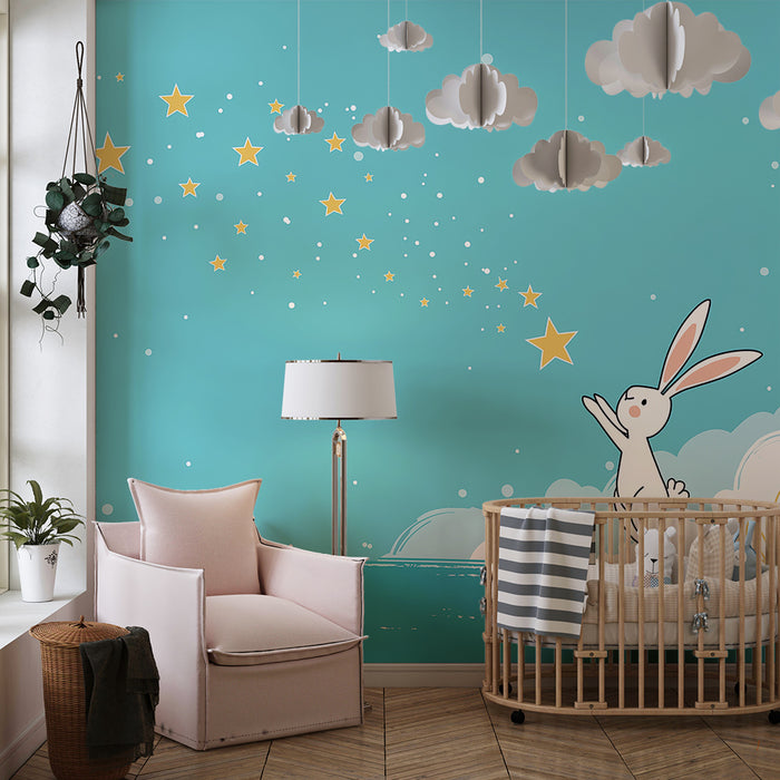 Lastenhuoneen tapetti | Unelmoiva pupu tähtitaivaan alla