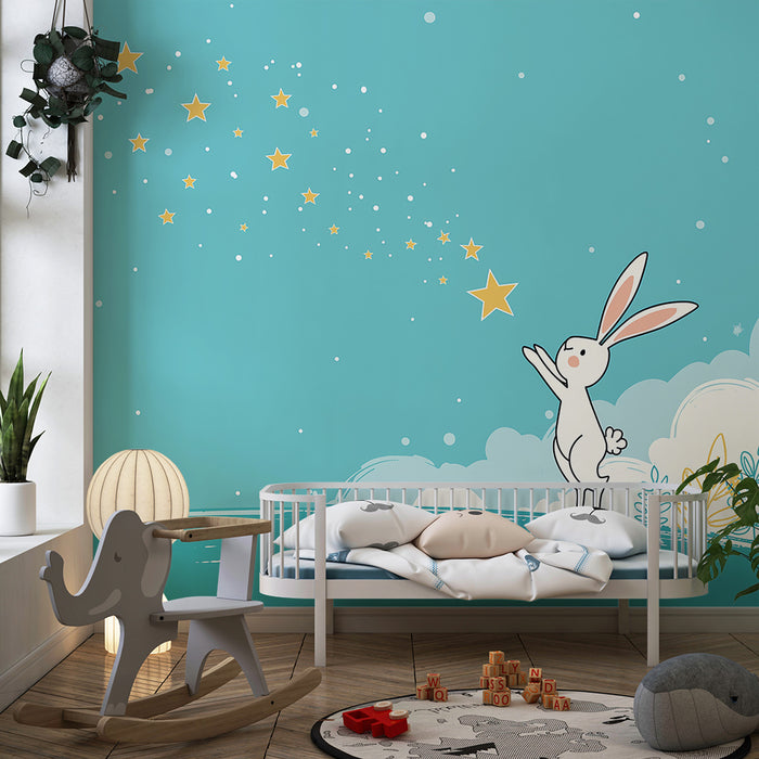 Lastenhuoneen tapetti | Unelmoiva pupu tähtitaivaan alla