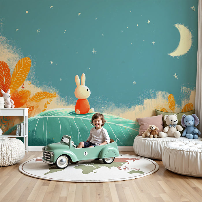 Lastenhuoneen tapetti | Unelmoiva pupu tähtitaivaan alla sinisen ja oranssin värisenä