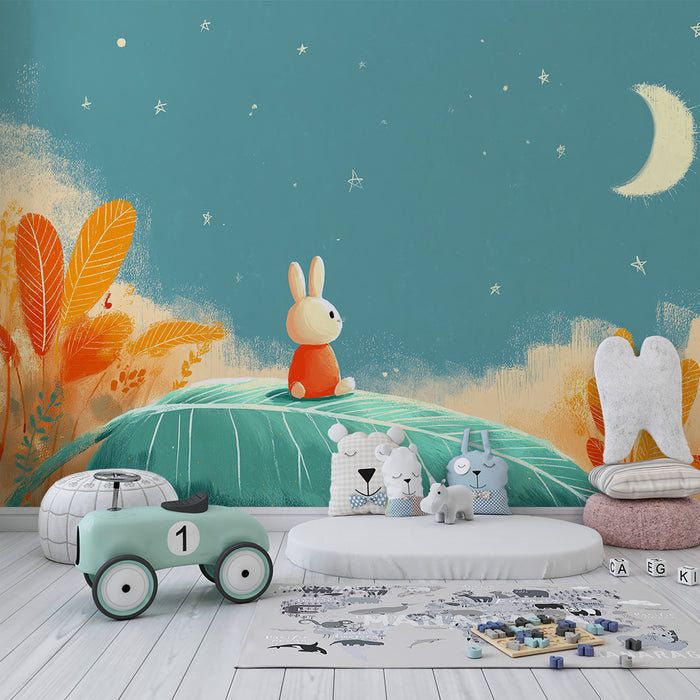 Lastenhuoneen tapetti | Unelmoiva pupu tähtitaivaan alla sinisen ja oranssin värisenä