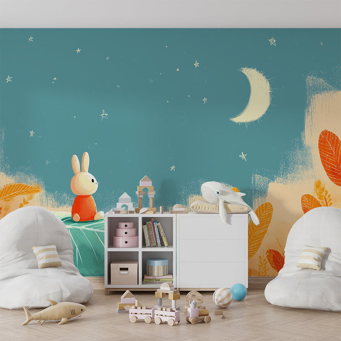 Lastenhuoneen tapetti | Unelmoiva pupu tähtitaivaan alla sinisen ja oranssin värisenä