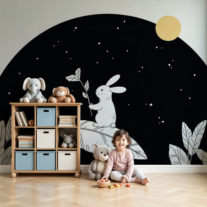 Papier peint chambre bébé | Lapin rêveur sous un ciel étoilé noir et blanc