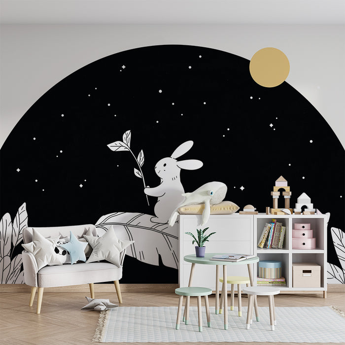Papier peint chambre bébé | Lapin rêveur sous un ciel étoilé noir et blanc