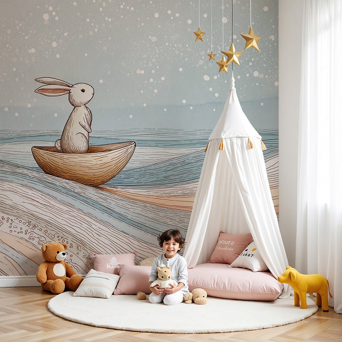 Babykamer behang | Dromende konijn op rustige golven