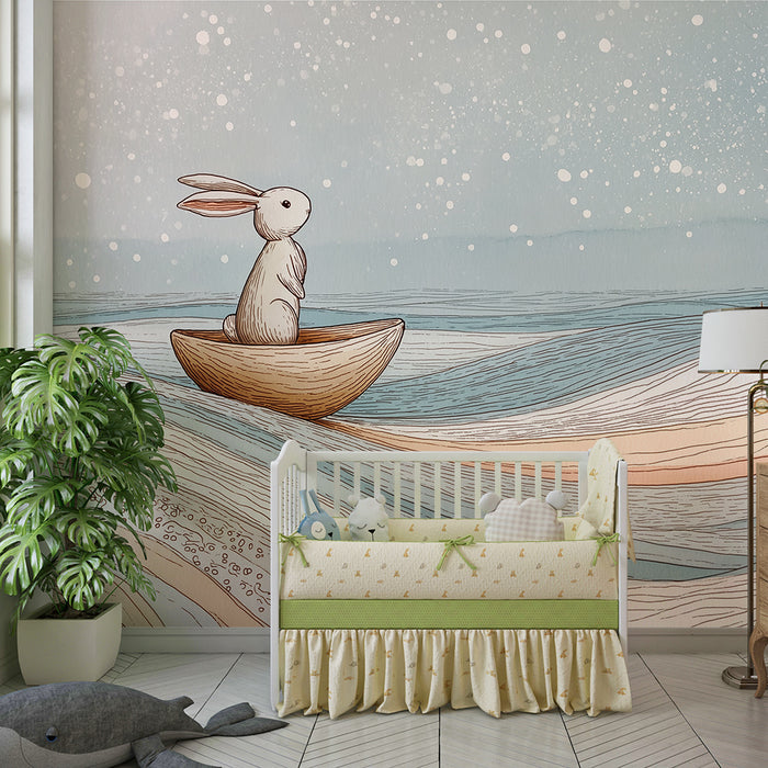 Babykamer behang | Dromende konijn op rustige golven