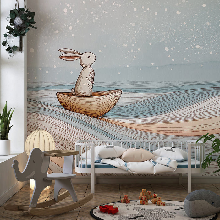 Babykamer behang | Dromende konijn op rustige golven