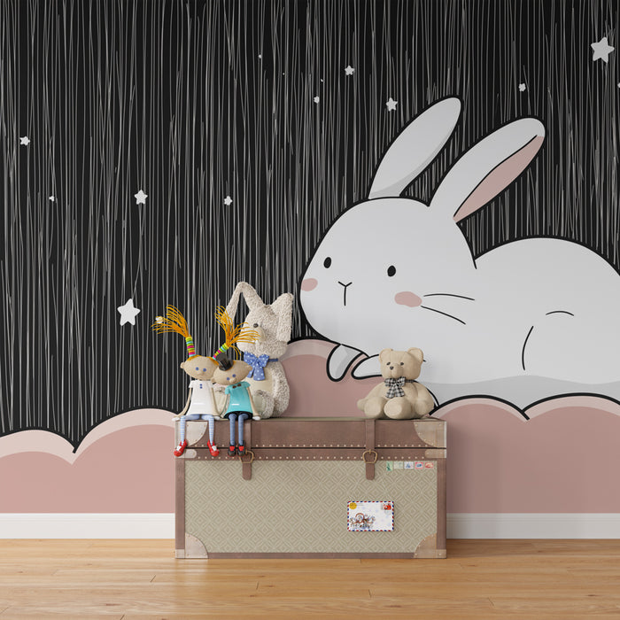 Carta da parati bambini | Coniglio sognante su una nuvola stellata
