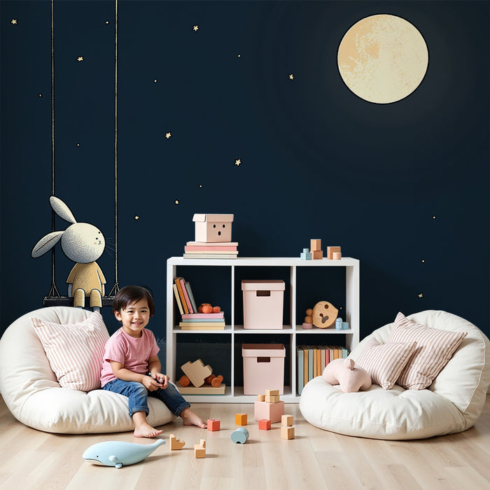 Papier peint chambre bébé | Lapin rêveur sur une balançoire sous la lune
