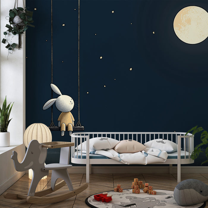 Papier peint chambre bébé | Lapin rêveur sur une balançoire sous la lune