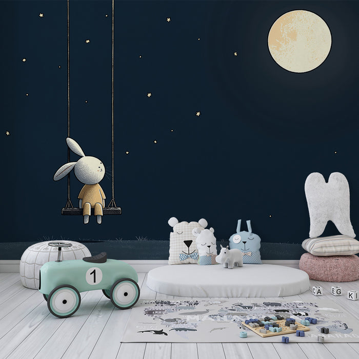 Papier peint chambre bébé | Lapin rêveur sur une balançoire sous la lune