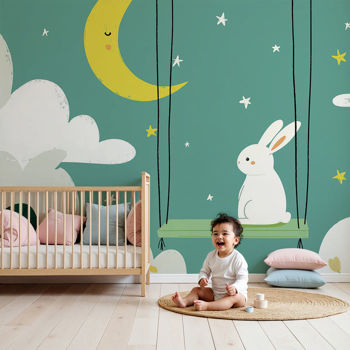 Papel de parede quarto bebê | Coelho sonhador em um balanço sob a lua