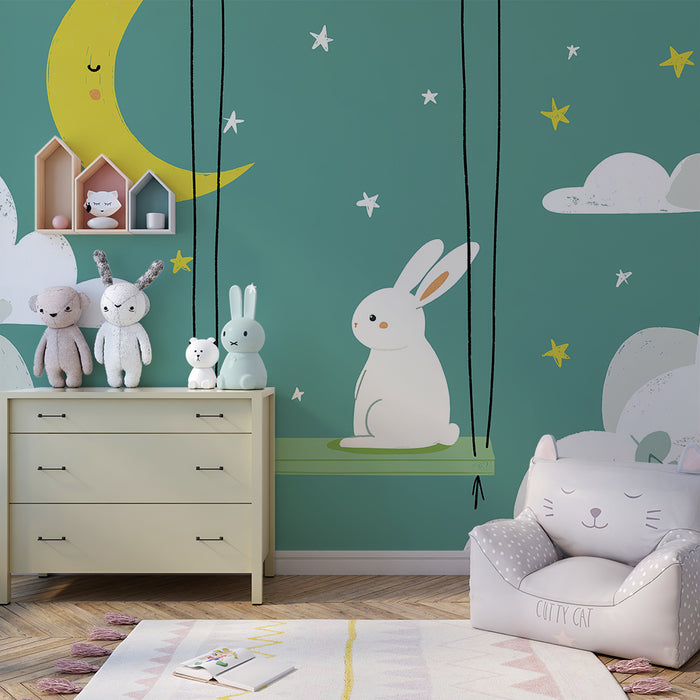 Papel de parede quarto bebê | Coelho sonhador em um balanço sob a lua