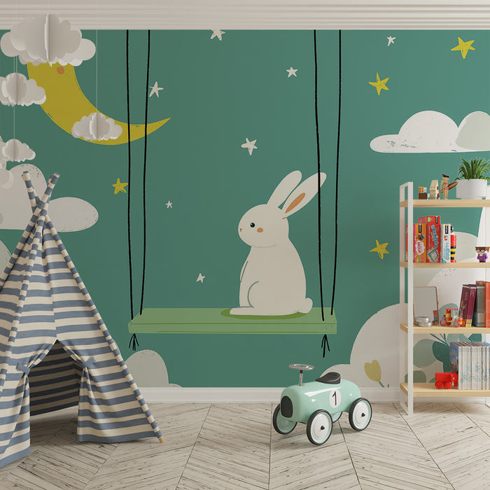 Papel de parede quarto bebê | Coelho sonhador em um balanço sob a lua